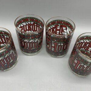 Set of 4 Vintage Houz Happy Holidays Christmas Stain Glass Gold Rimmed Tumblers